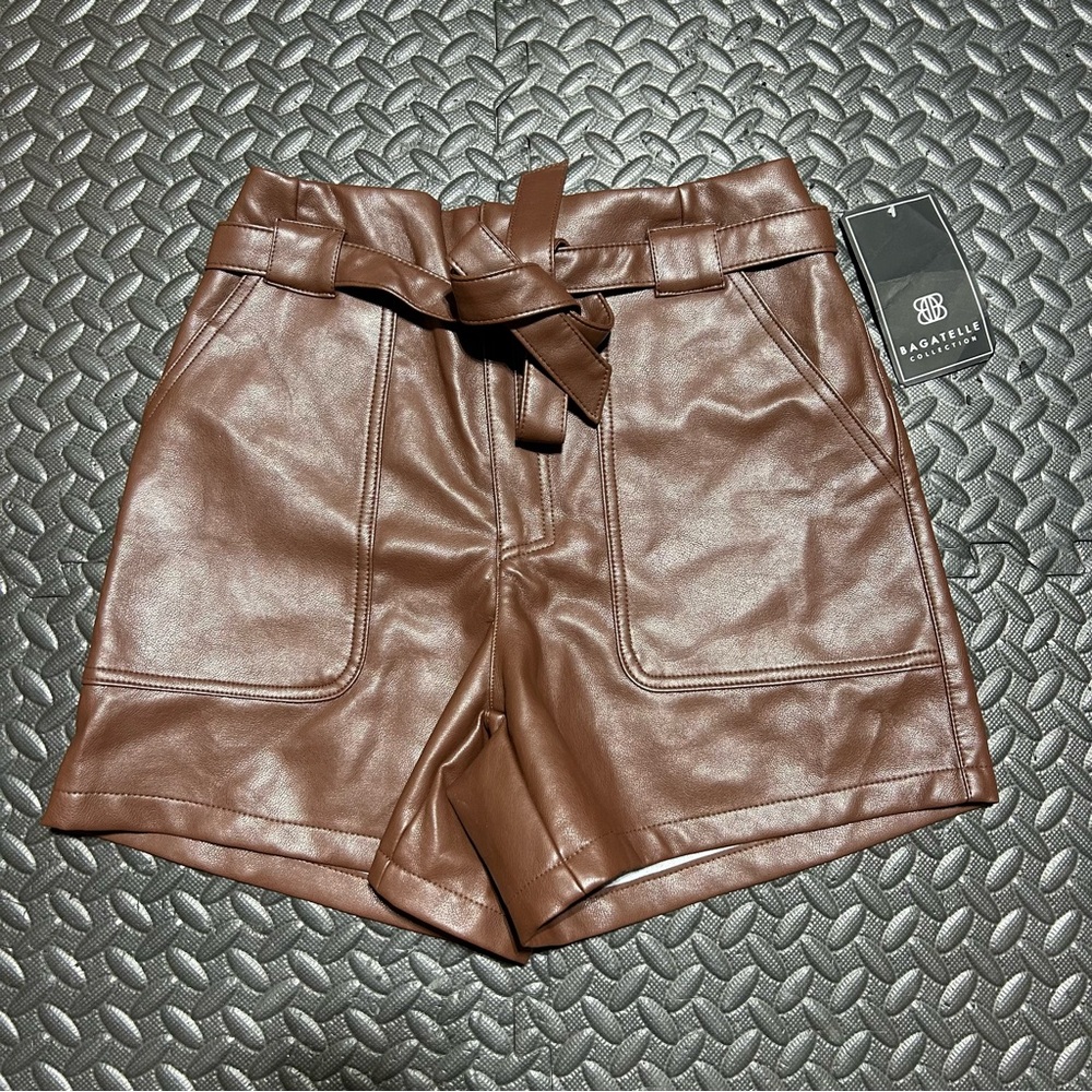 Bagatelle Collection Paperbag Shorts Faux Leather Belted Knot Brown Size XS NEW